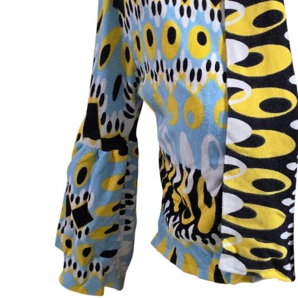 VENINI Women's‎ Cropped Open Front Cardigan Yellow Blue Colorful Print 70s 60s - Picture 3 of 8